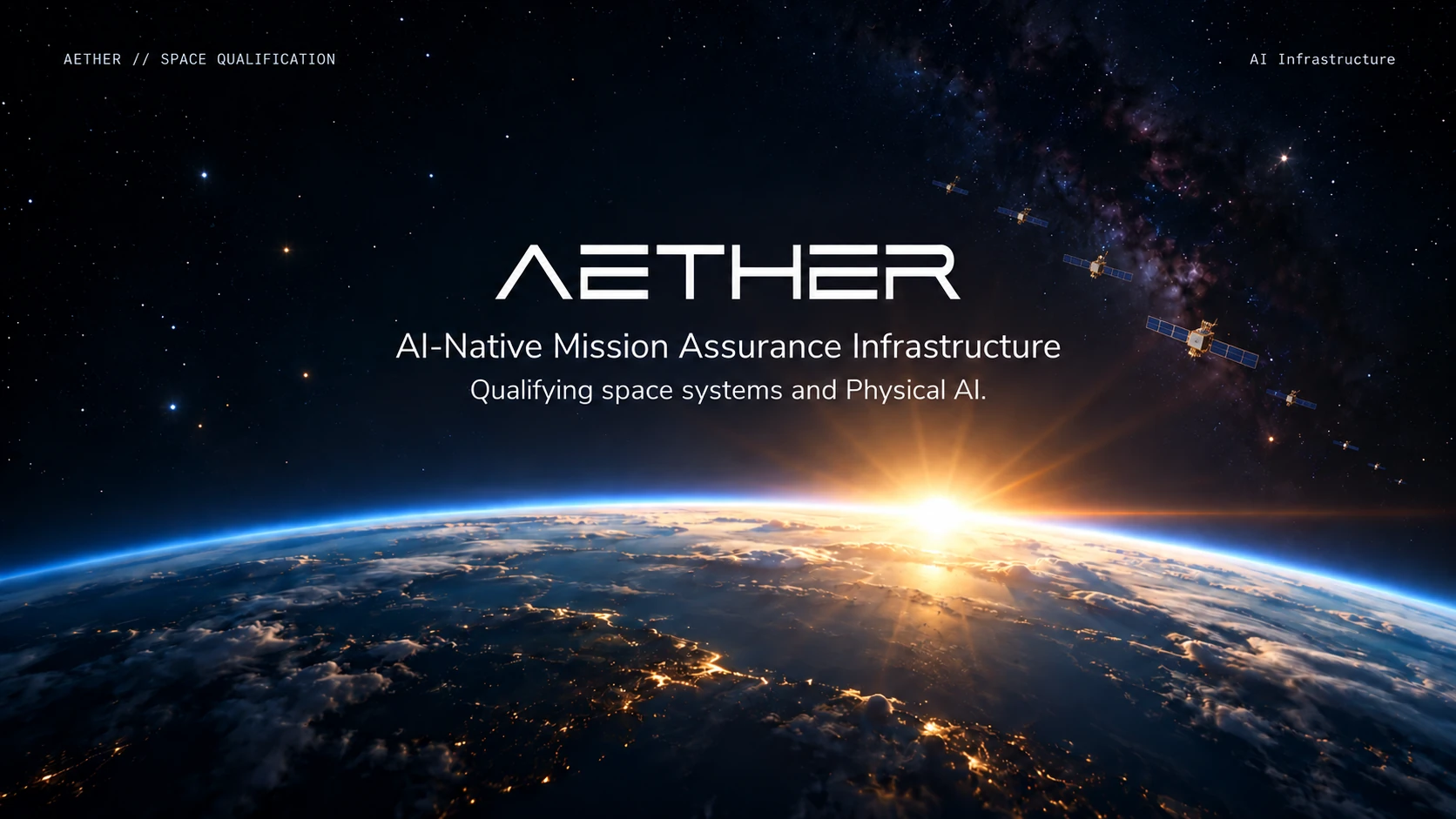 AETHER. AI-Native Mission Assurance Infrastructure. Qualifying space systems and Physical AI. A golden sunrise above the blue horizon of Earth, with a distant satellite constellation on the right.