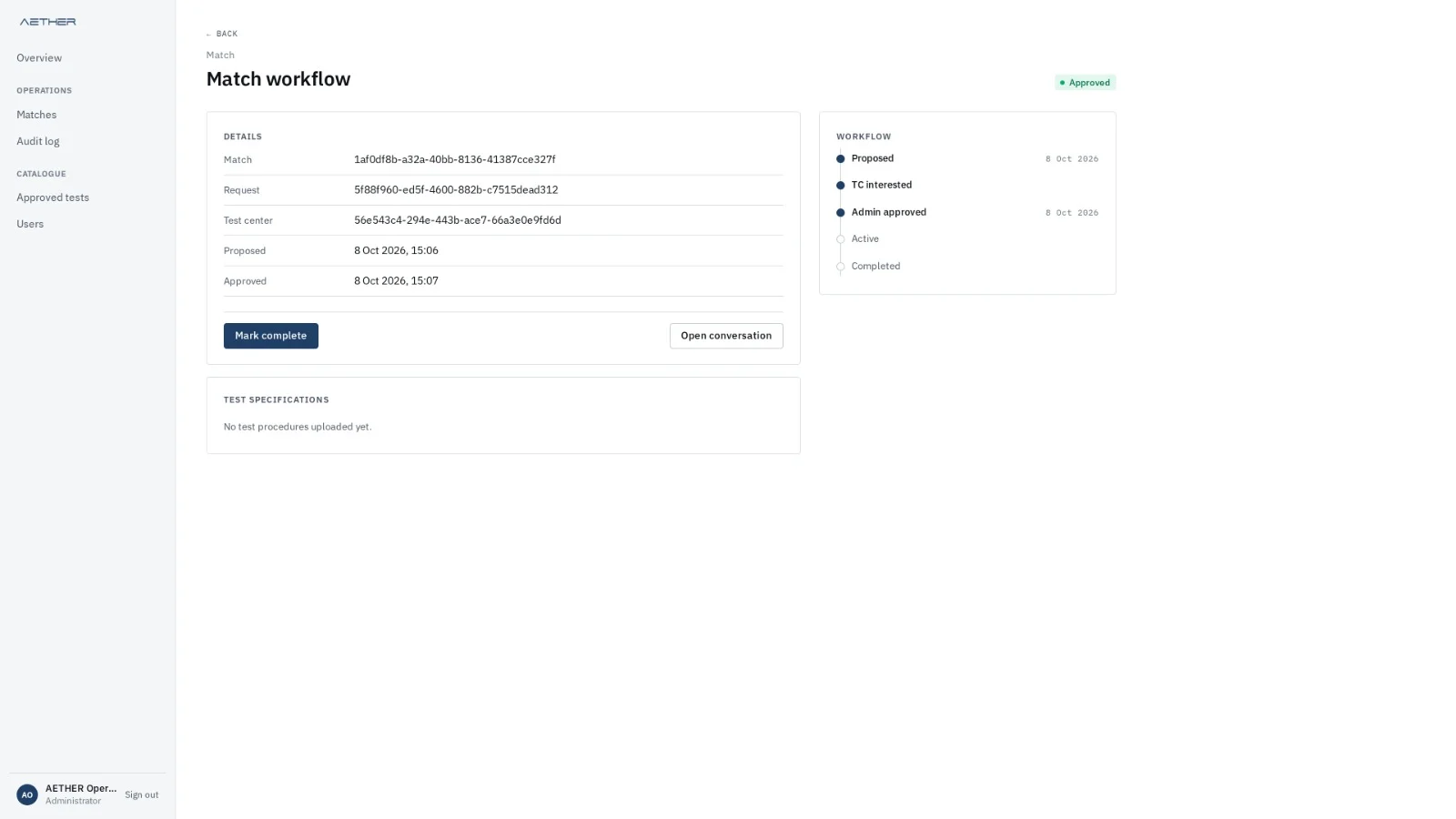 AETHER operator view: an approved match workflow from proposed to completed