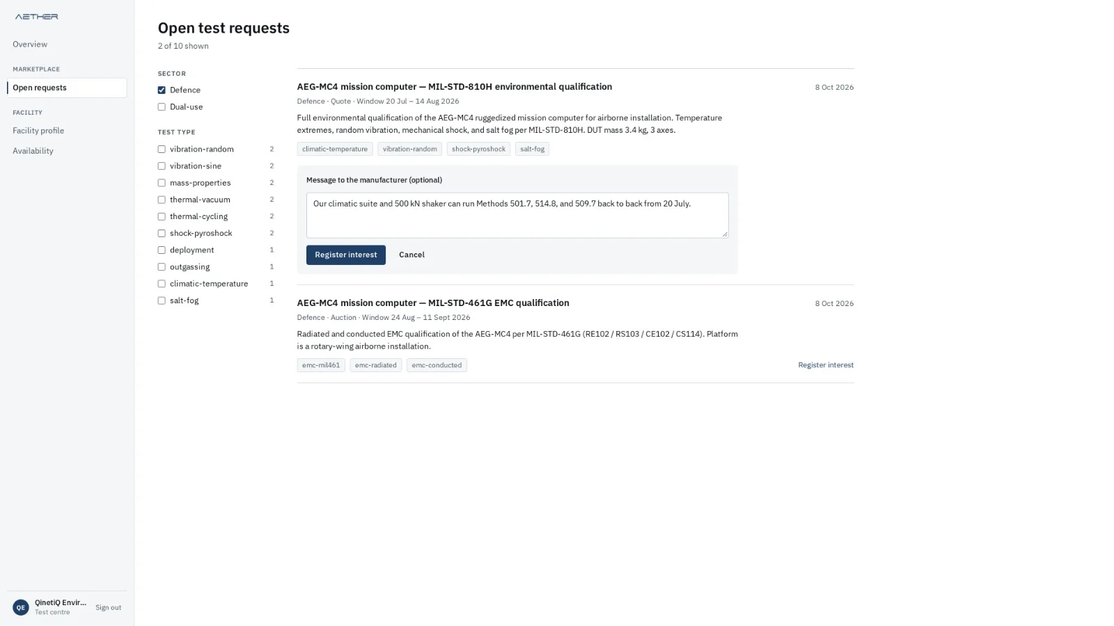 AETHER test centre view: open defence test requests with a message to register interest